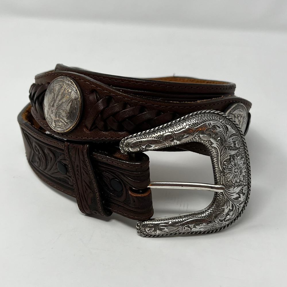 Vintage Justin Tooled Leather Western Belt Walking Liberty Half Dollar Coins 32